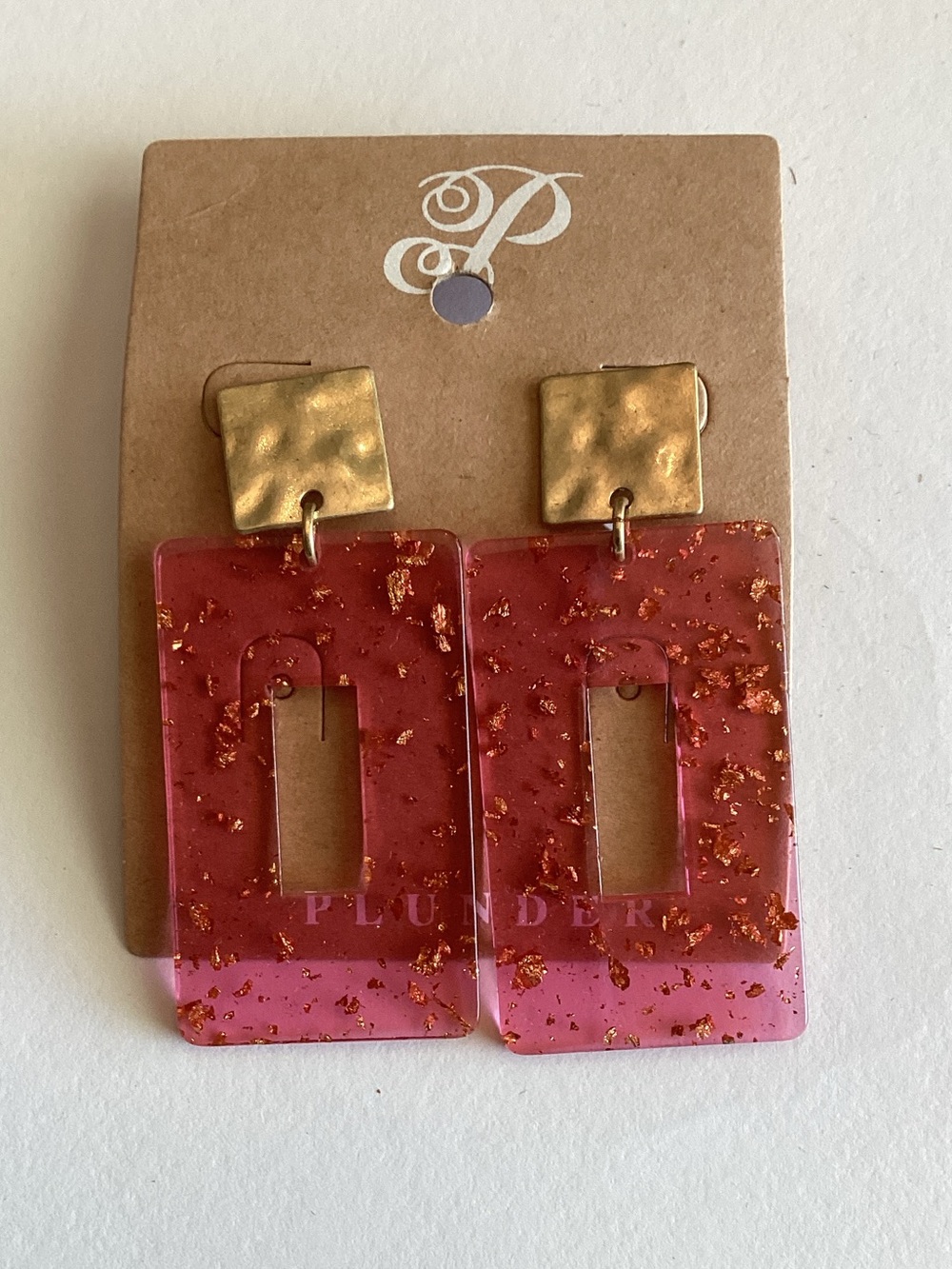 Plunder Gold-Flake Pink‎ Resin Rectangular Drop Earrings